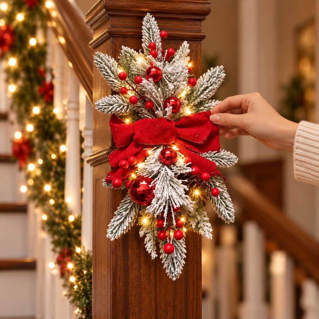 Christmas Door Swag with LED Lights, Bow and Baubles