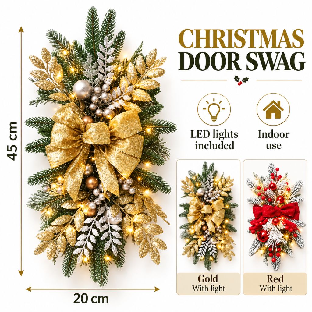 Christmas Door Swag with LED Lights, Bow and Baubles