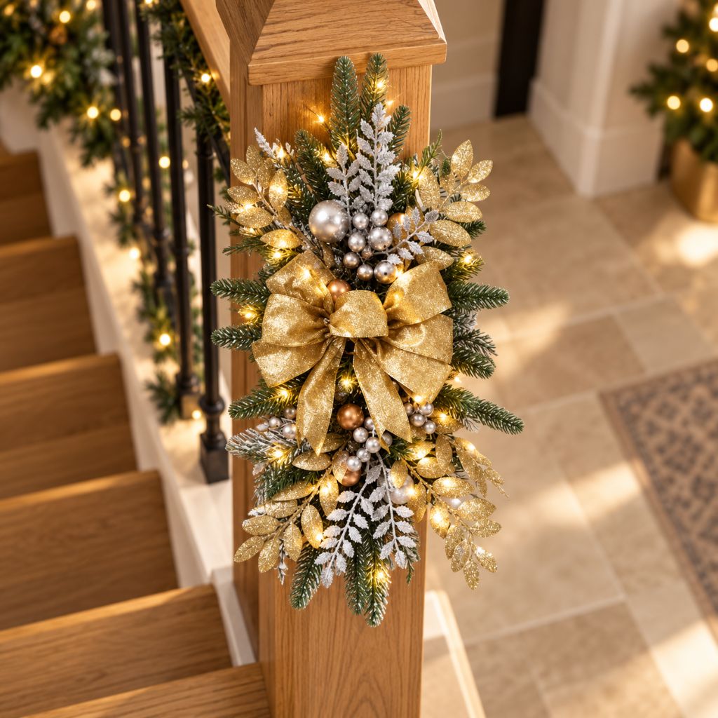 Christmas Door Swag with LED Lights, Bow and Baubles