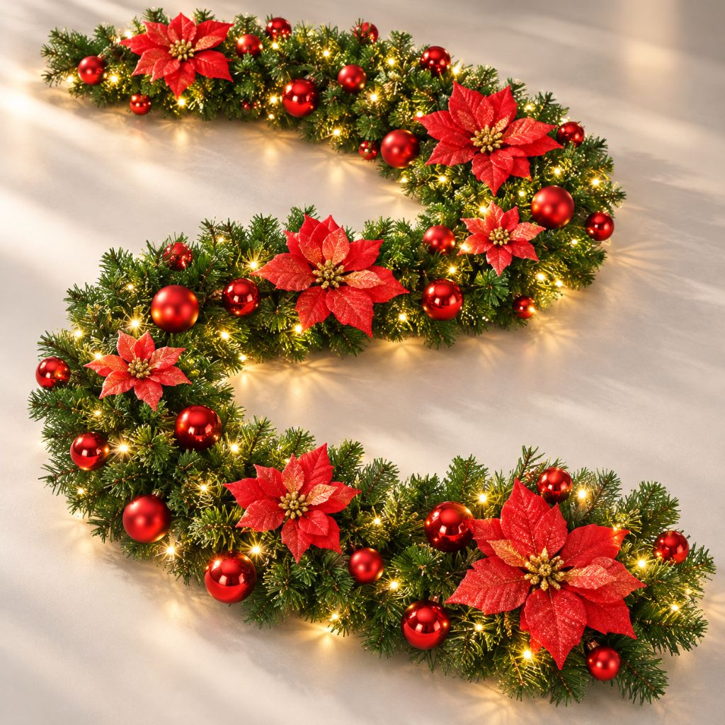 Christmas Garland with LED Lights, Flowers and Baubles