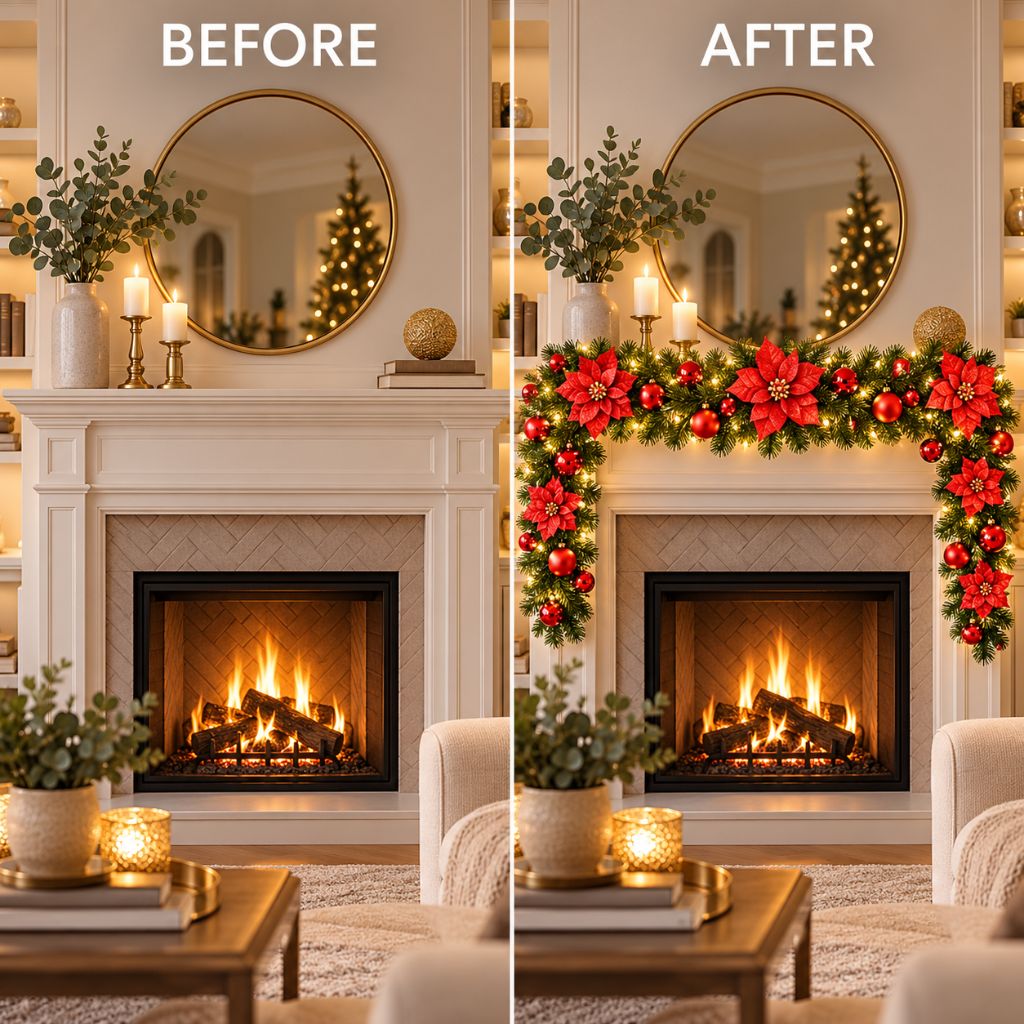 Christmas Garland with LED Lights, Flowers and Baubles