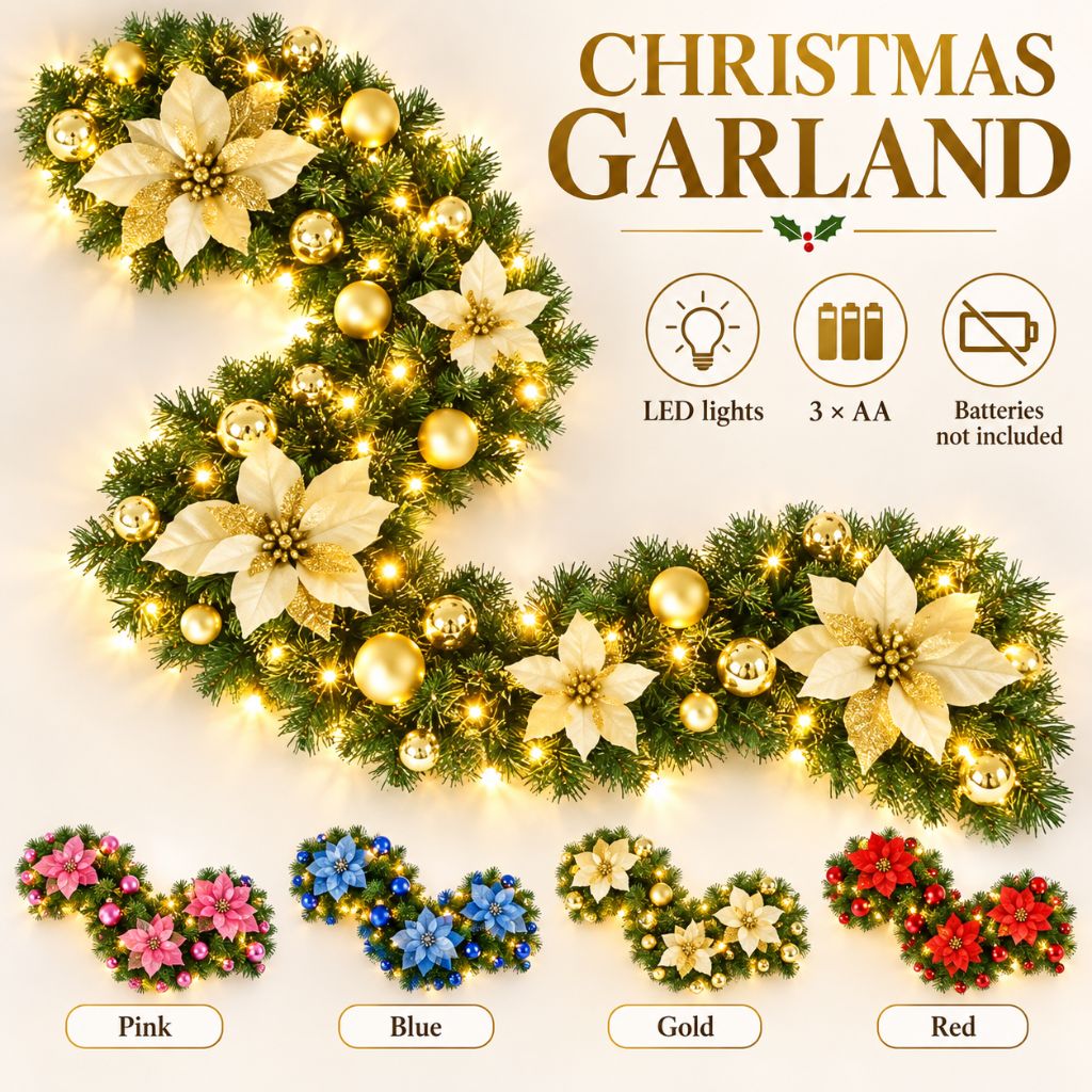 Christmas Garland with LED Lights, Flowers and Baubles
