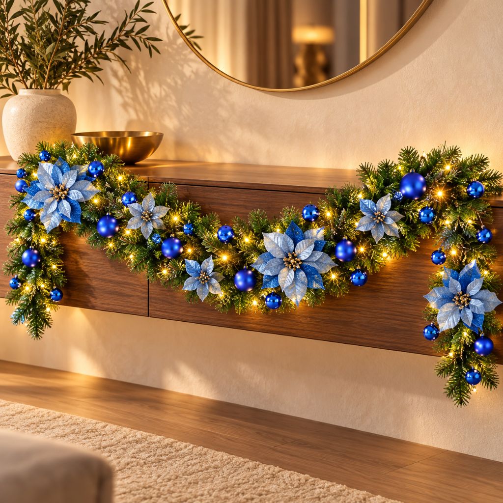 Christmas Garland with LED Lights, Flowers and Baubles