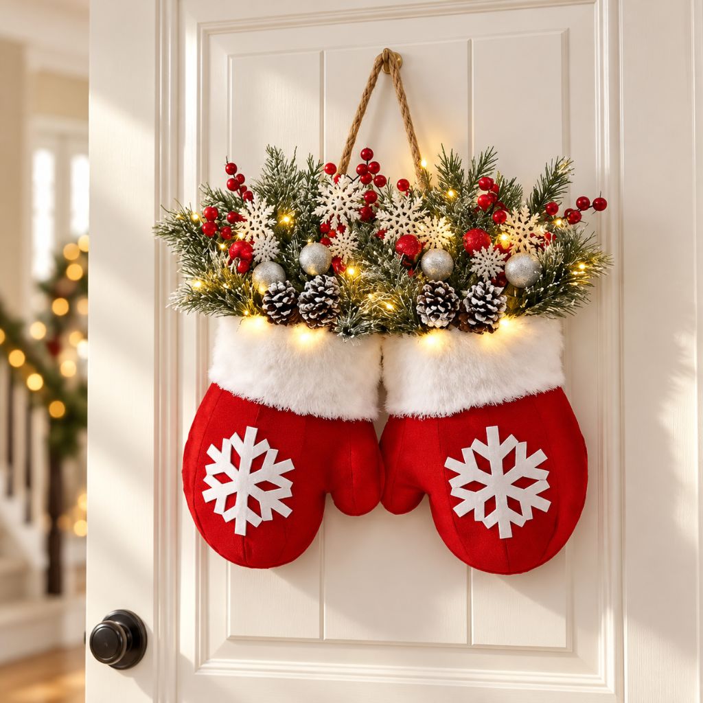 Christmas Mitten Door Wreath with LED Lights and Pinecones