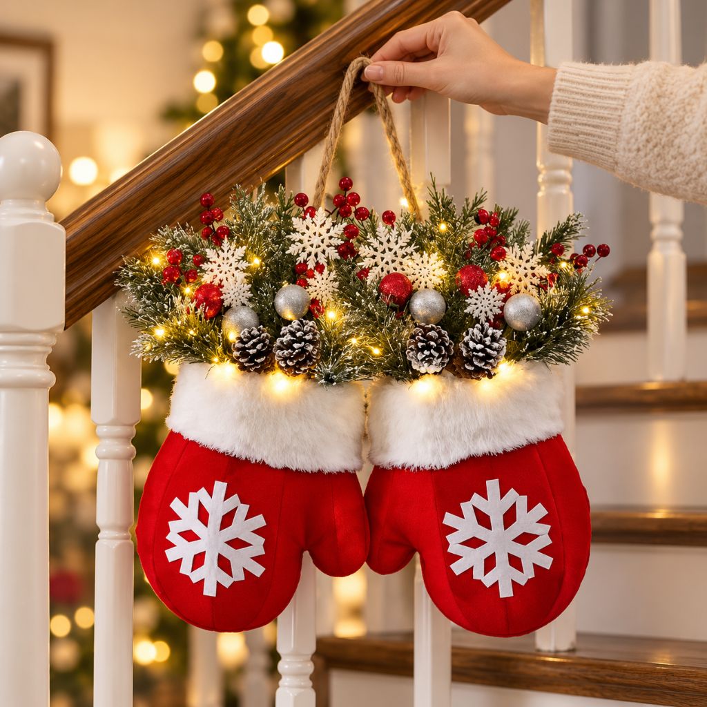 Christmas Mitten Door Wreath with LED Lights and Pinecones