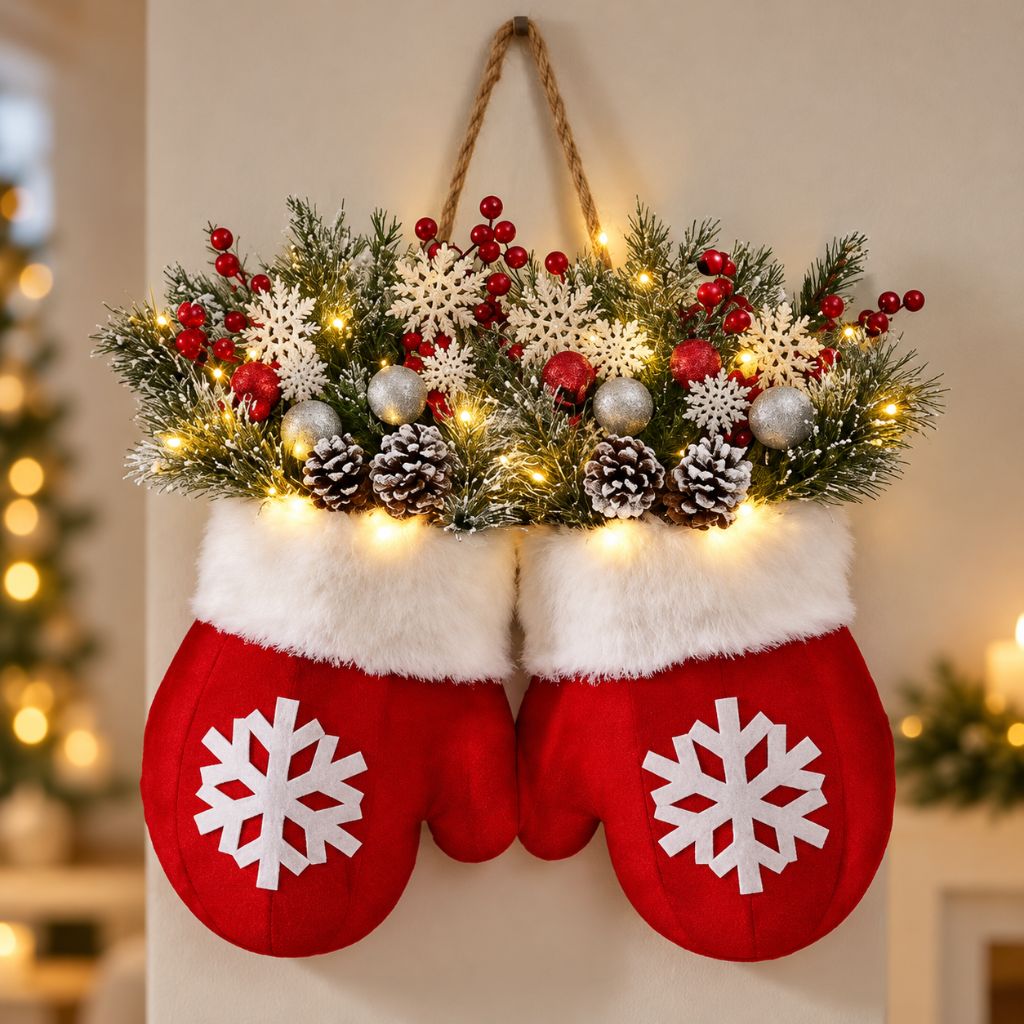 Christmas Mitten Door Wreath with LED Lights and Pinecones