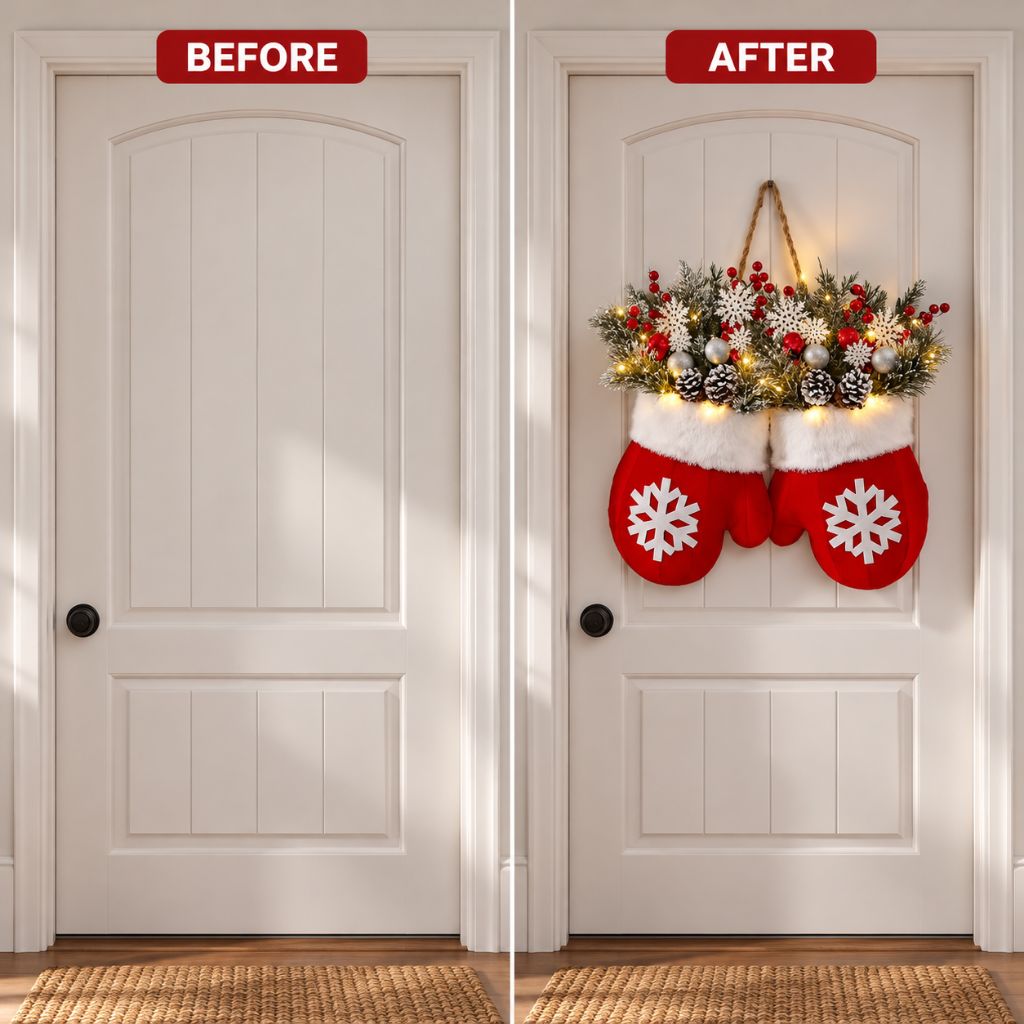 Christmas Mitten Door Wreath with LED Lights and Pinecones