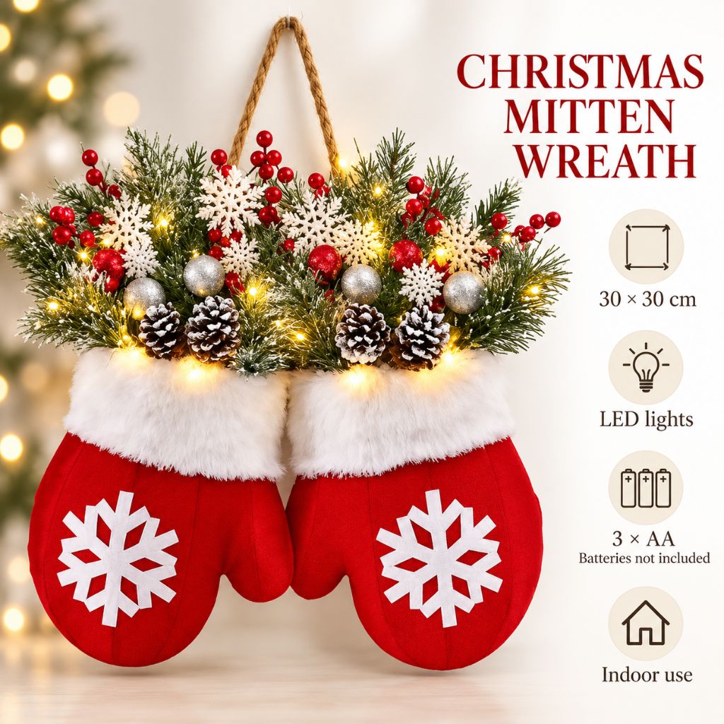 Christmas Mitten Door Wreath with LED Lights and Pinecones