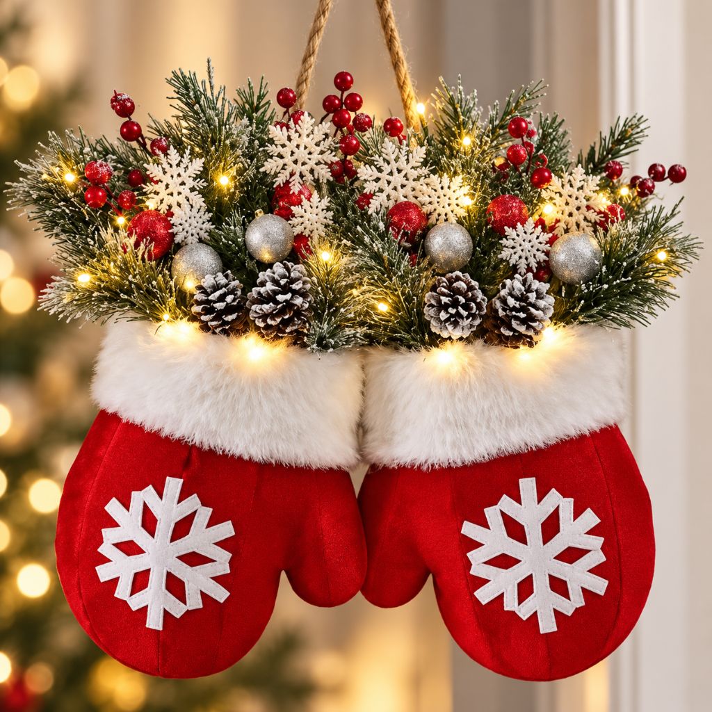 Christmas Mitten Door Wreath with LED Lights and Pinecones