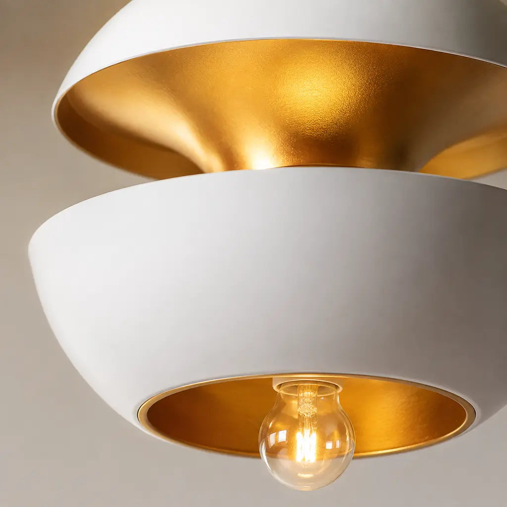 White Modern Round Metal Pendant Light gold reflector close-up