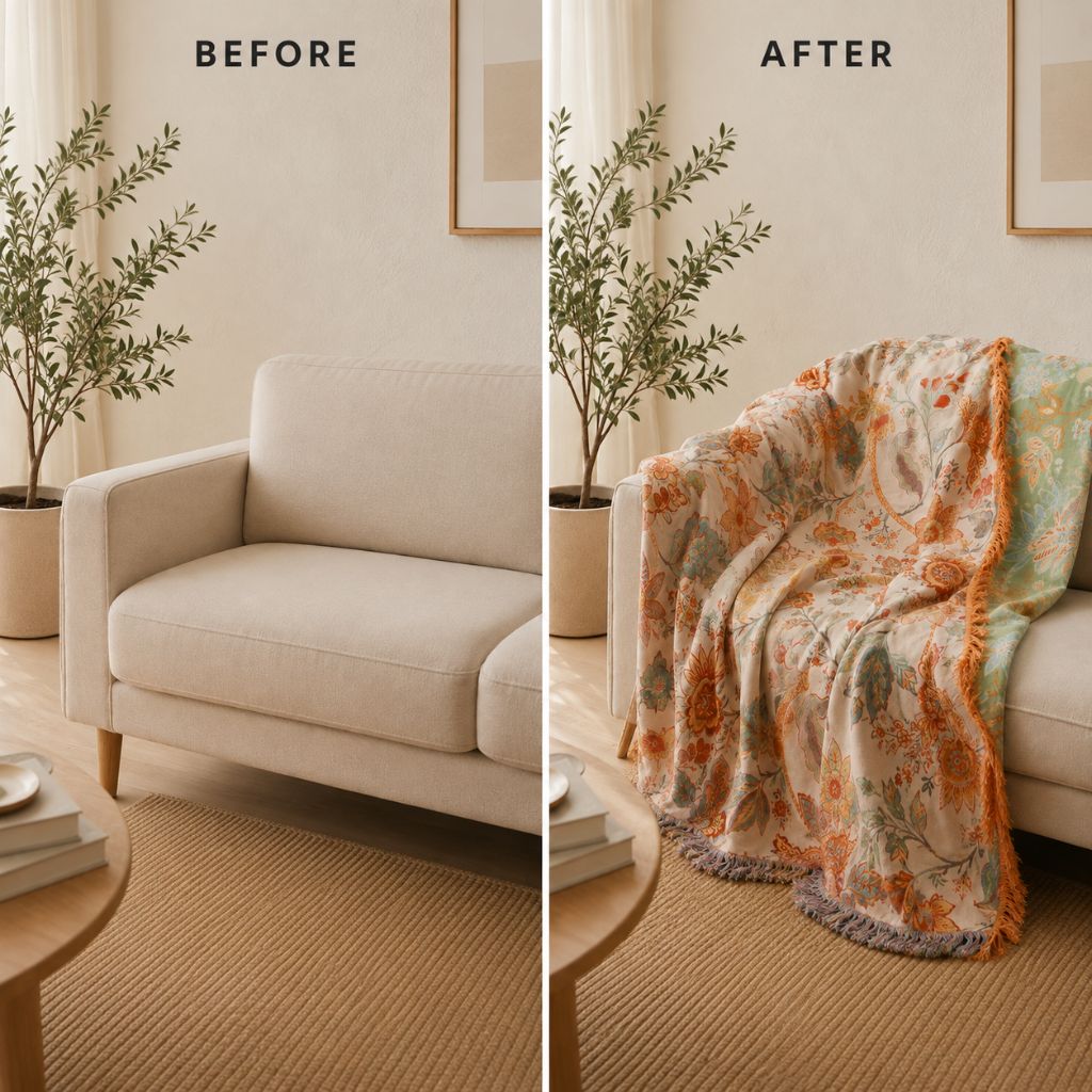 Cotton Floral Throw Blanket with Fringe