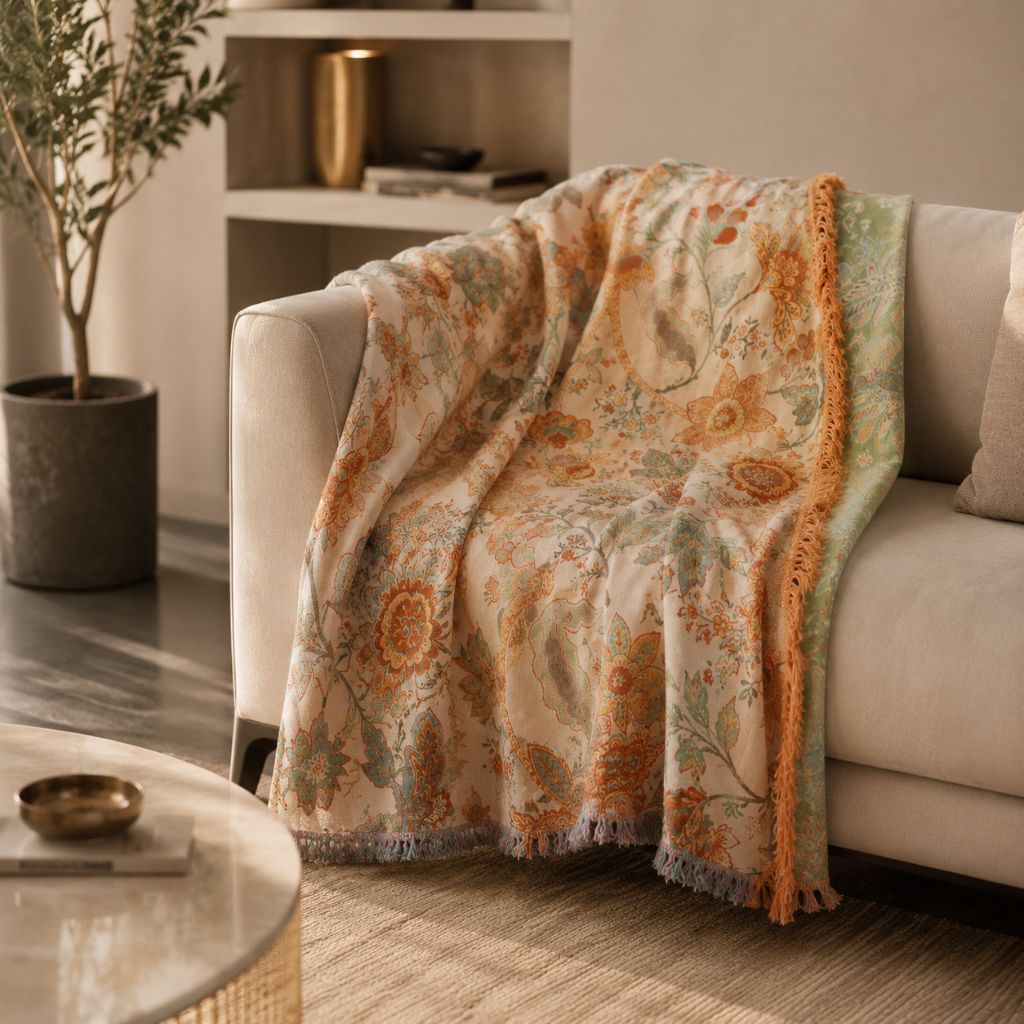 Cotton Floral Throw Blanket with Fringe