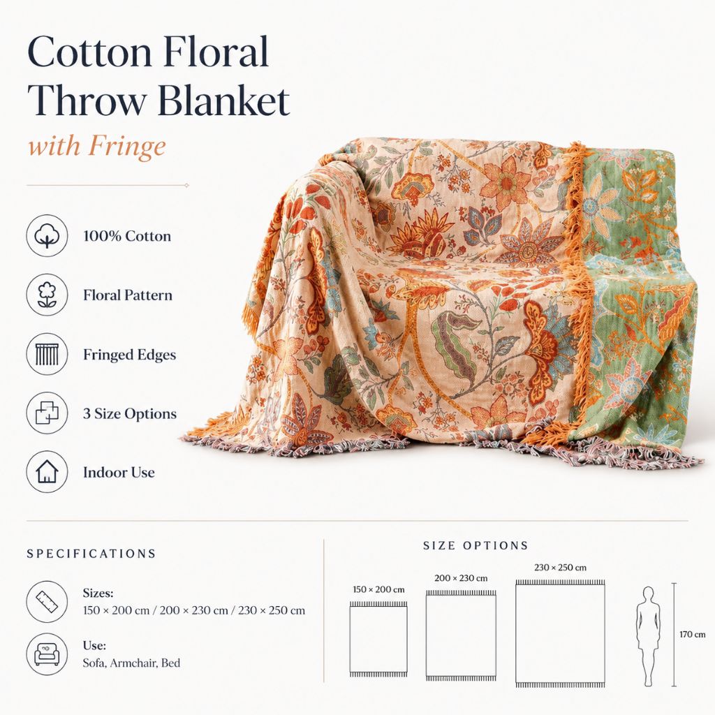 Cotton Floral Throw Blanket with Fringe