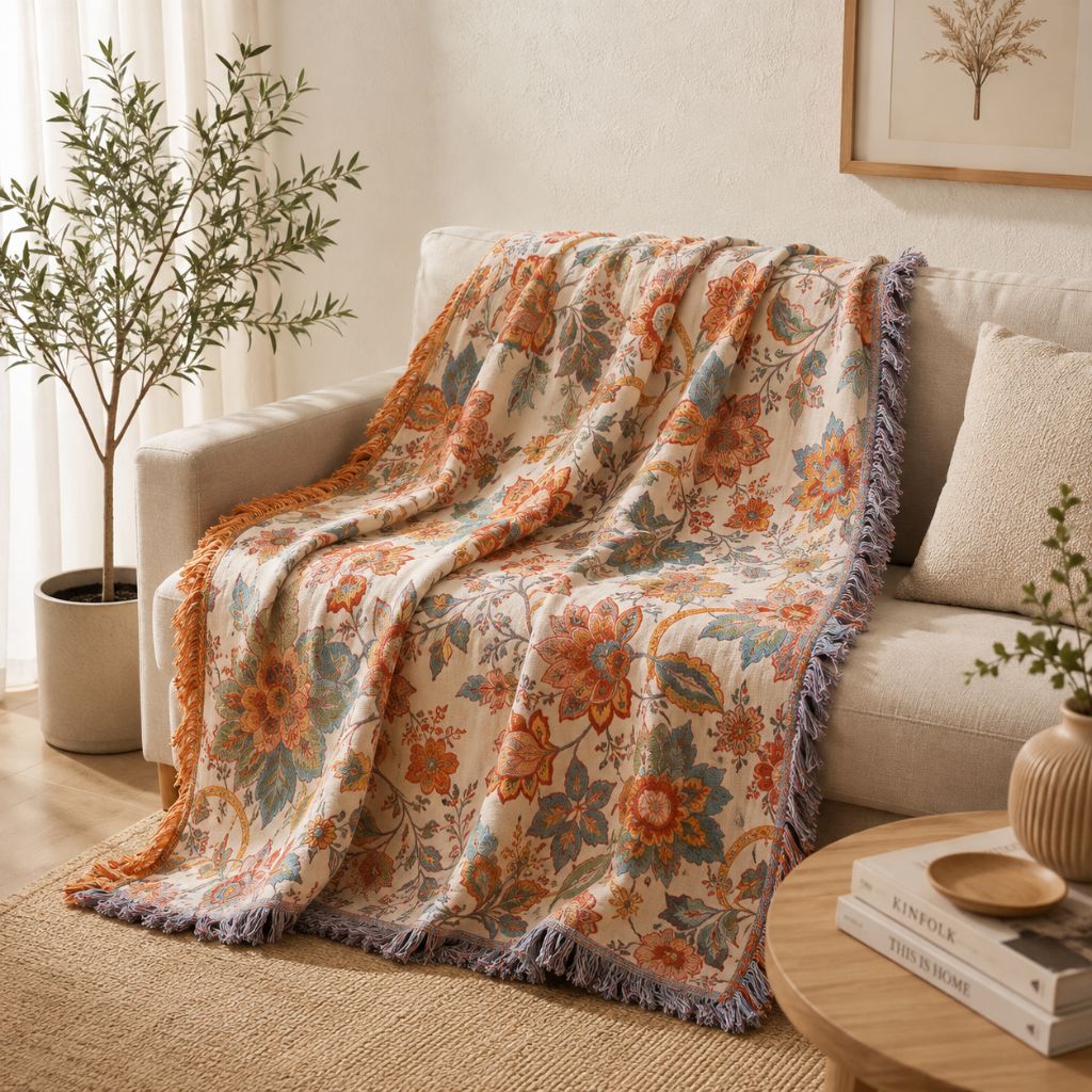 Cotton Floral Throw Blanket with Fringe
