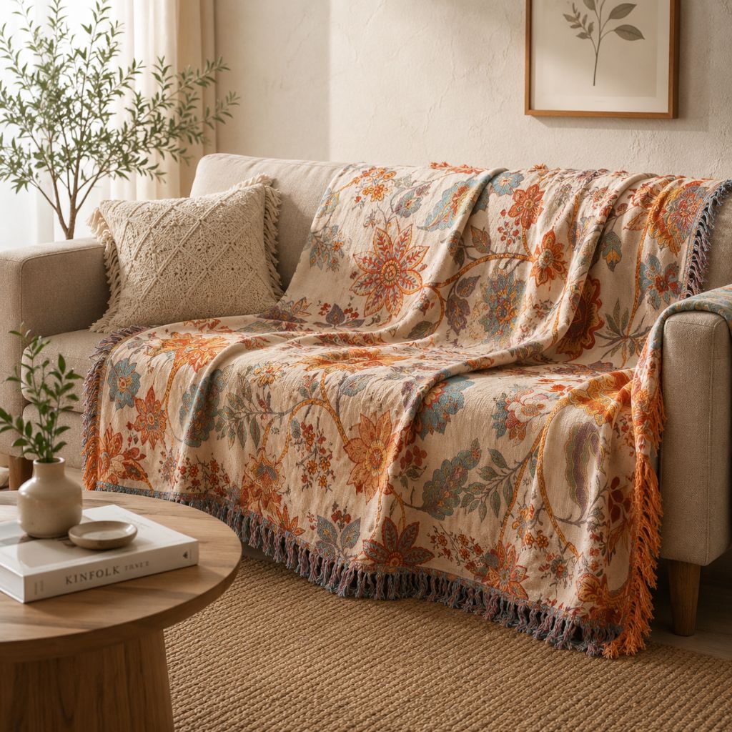 Cotton Floral Throw Blanket with Fringe