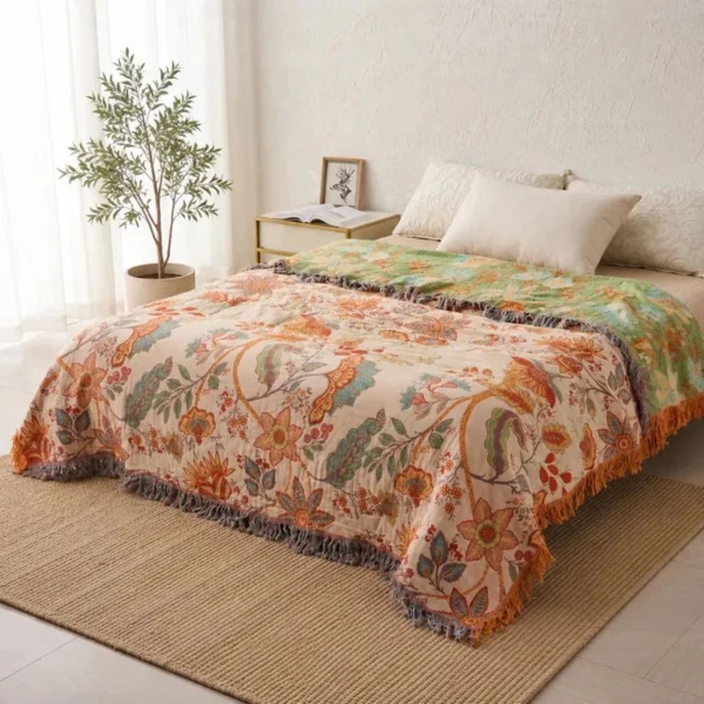 Cotton Floral Throw Blanket with Fringe