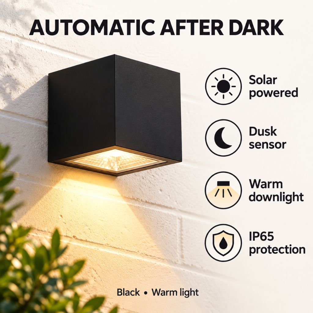 Cube Solar LED Outdoor Wall Light with Dusk Sensor