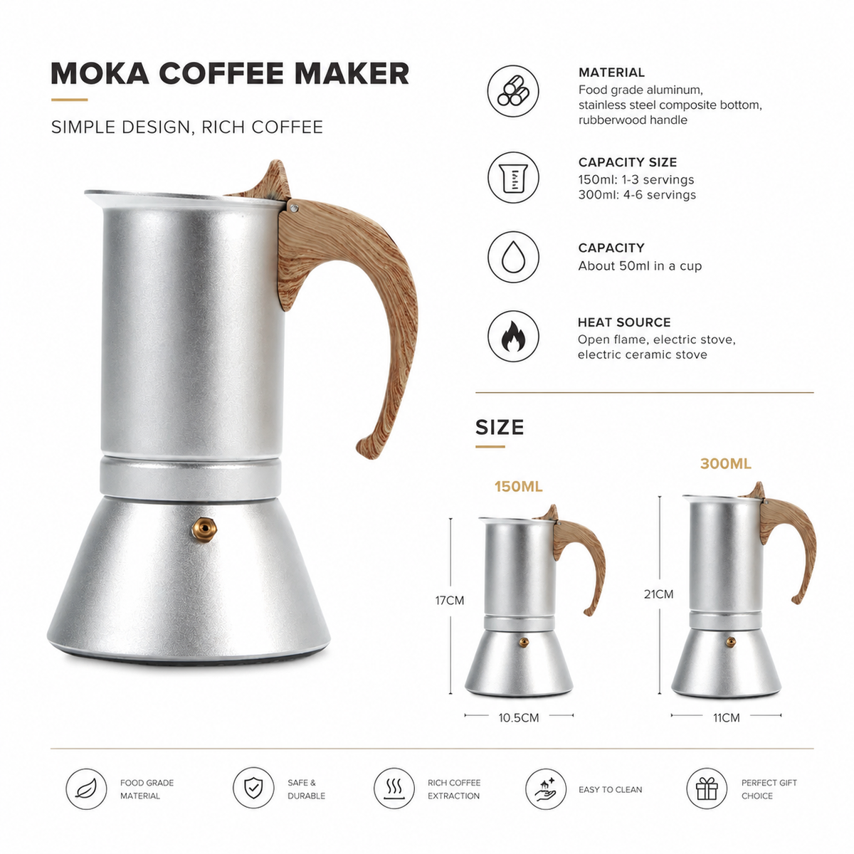 Aluminium Moka Pot Espresso Maker with Wooden Handle