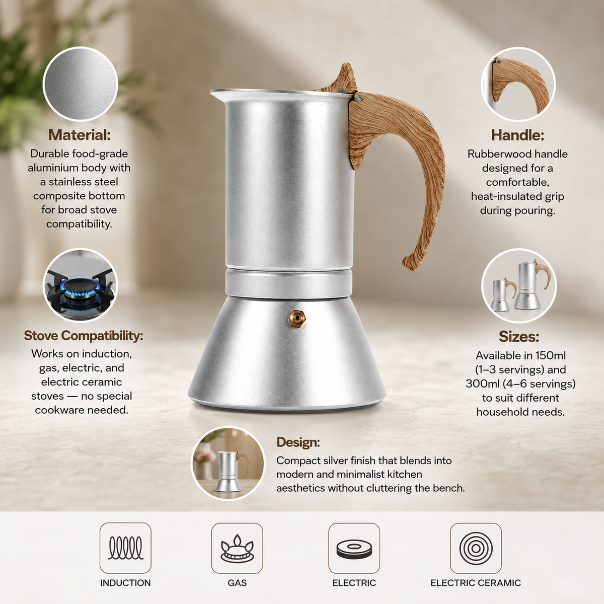 Aluminium Moka Pot Espresso Maker with Wooden Handle