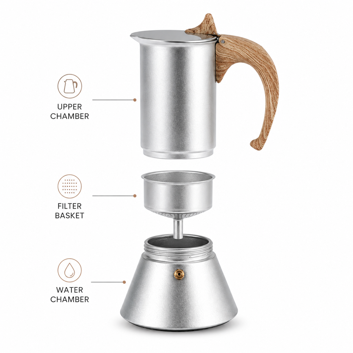 Aluminium Moka Pot Espresso Maker with Wooden Handle