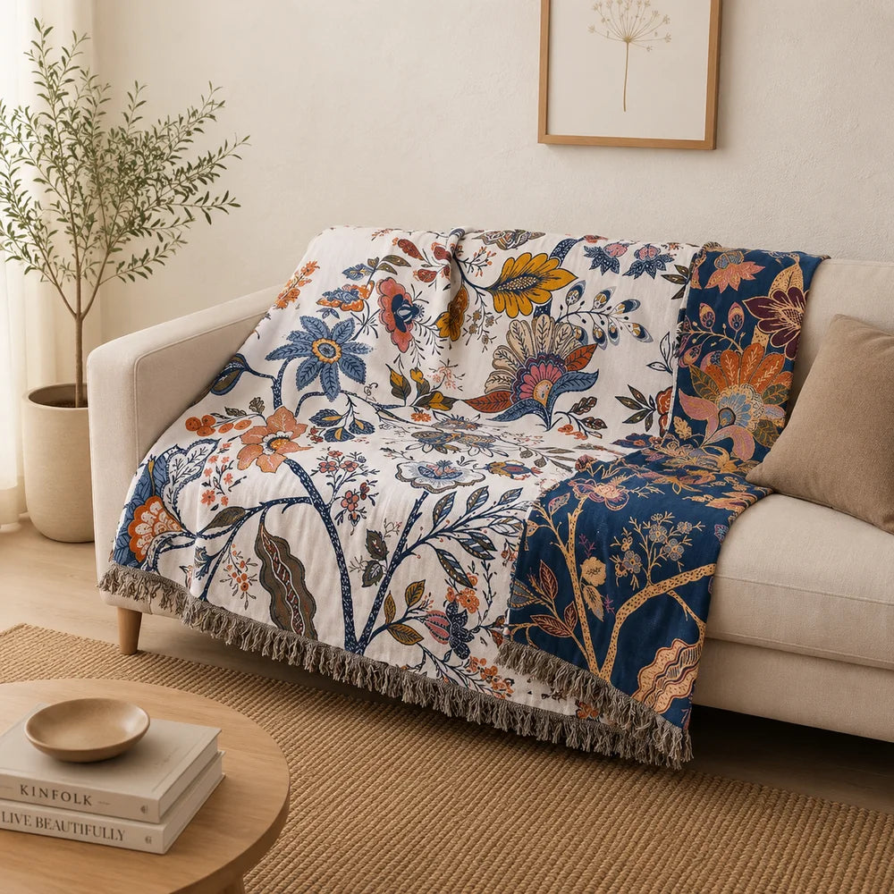 Floral cotton throw blanket reversible jacquard with tassels