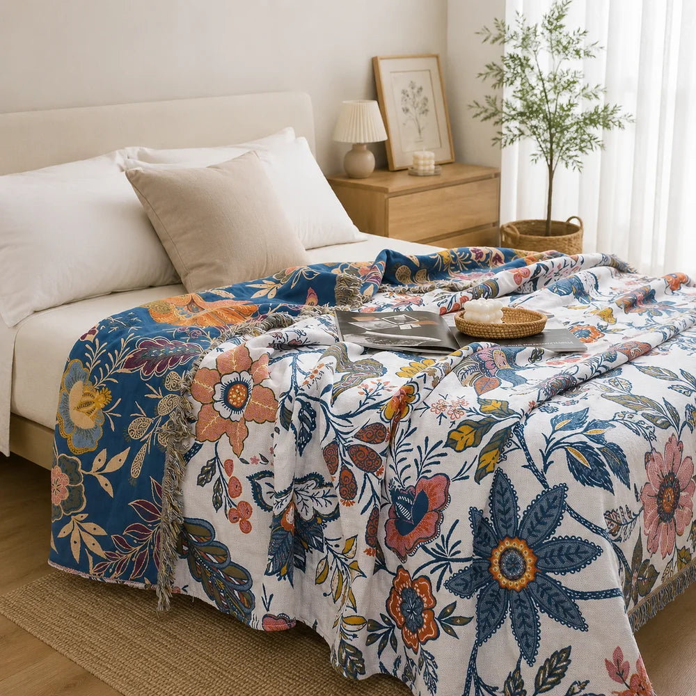 Floral cotton throw blanket reversible jacquard with tassels – view 2