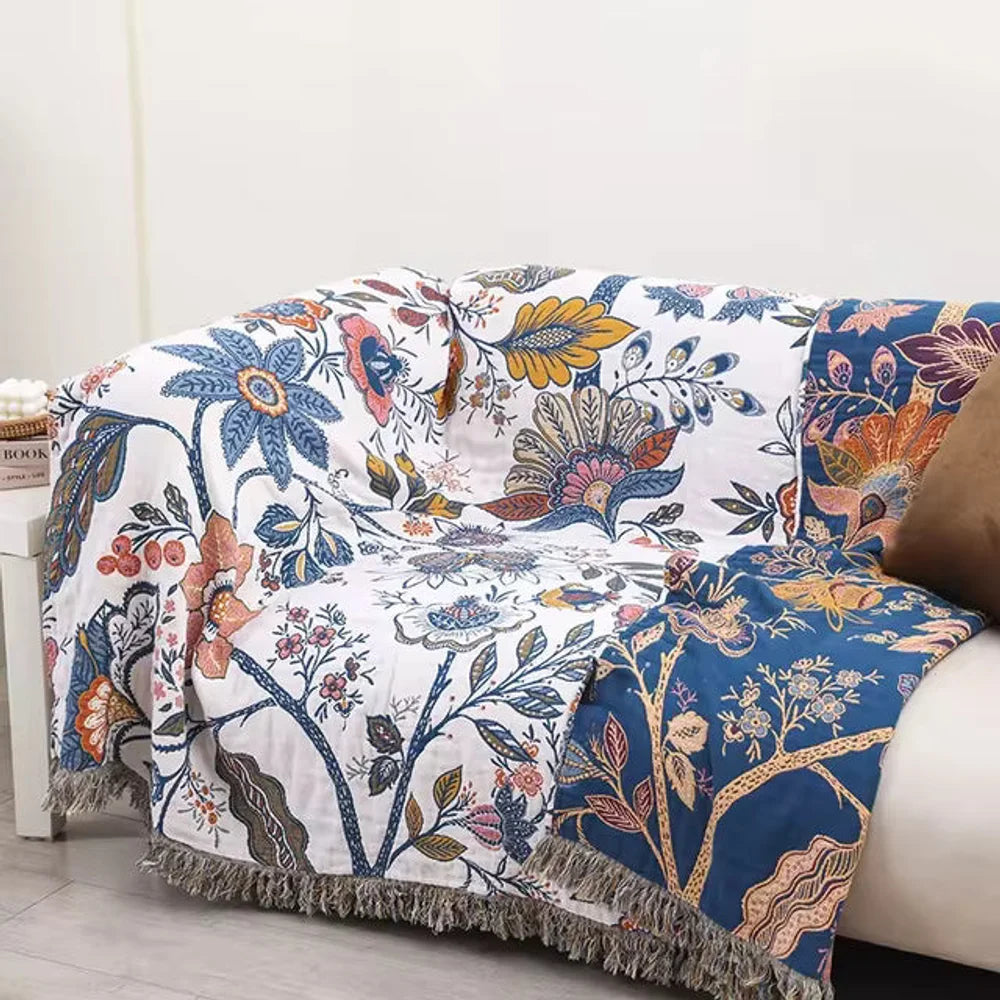 Floral cotton throw blanket reversible jacquard with tassels – view 5