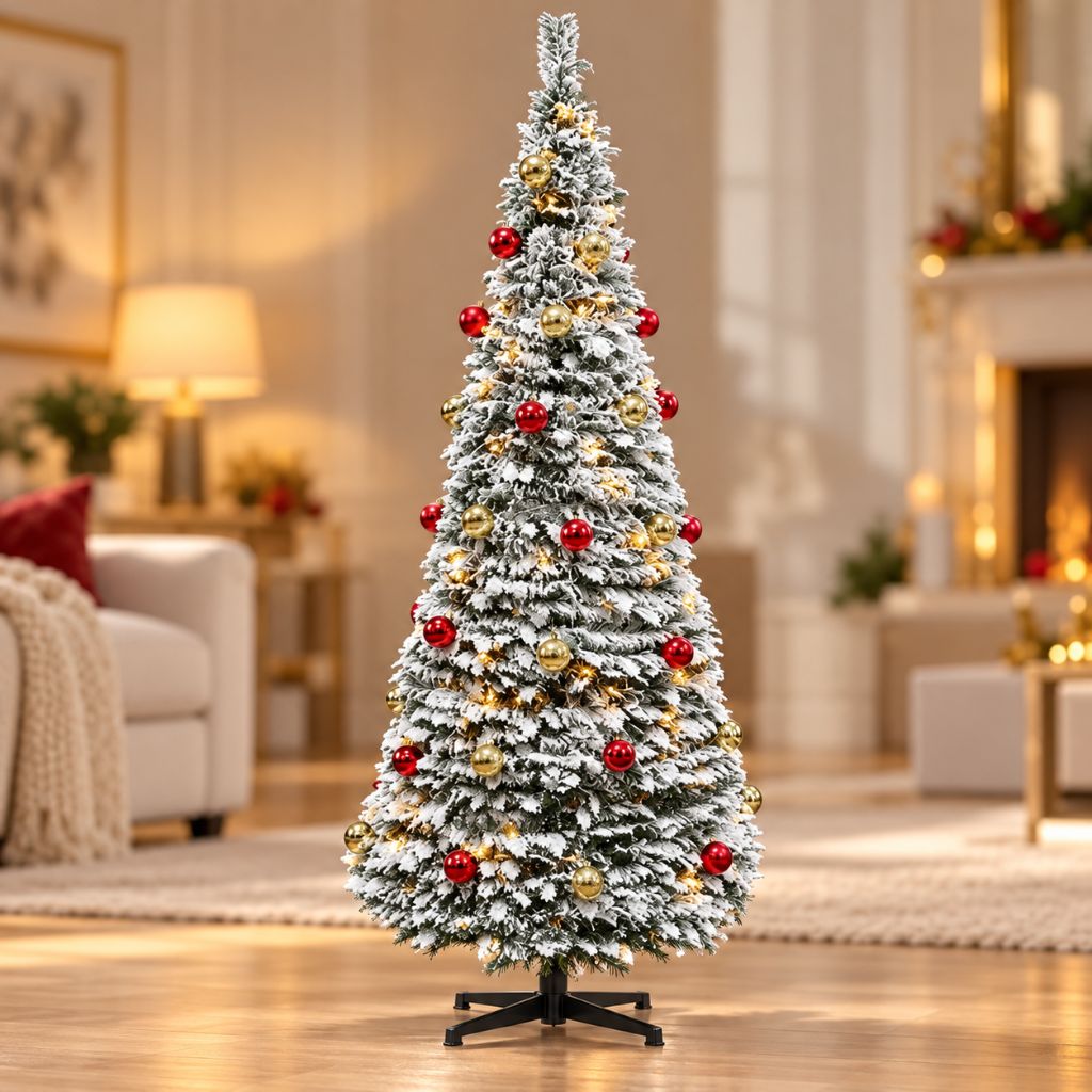 Foldable Pre-Decorated Christmas Tree with Snow-Effect Finish