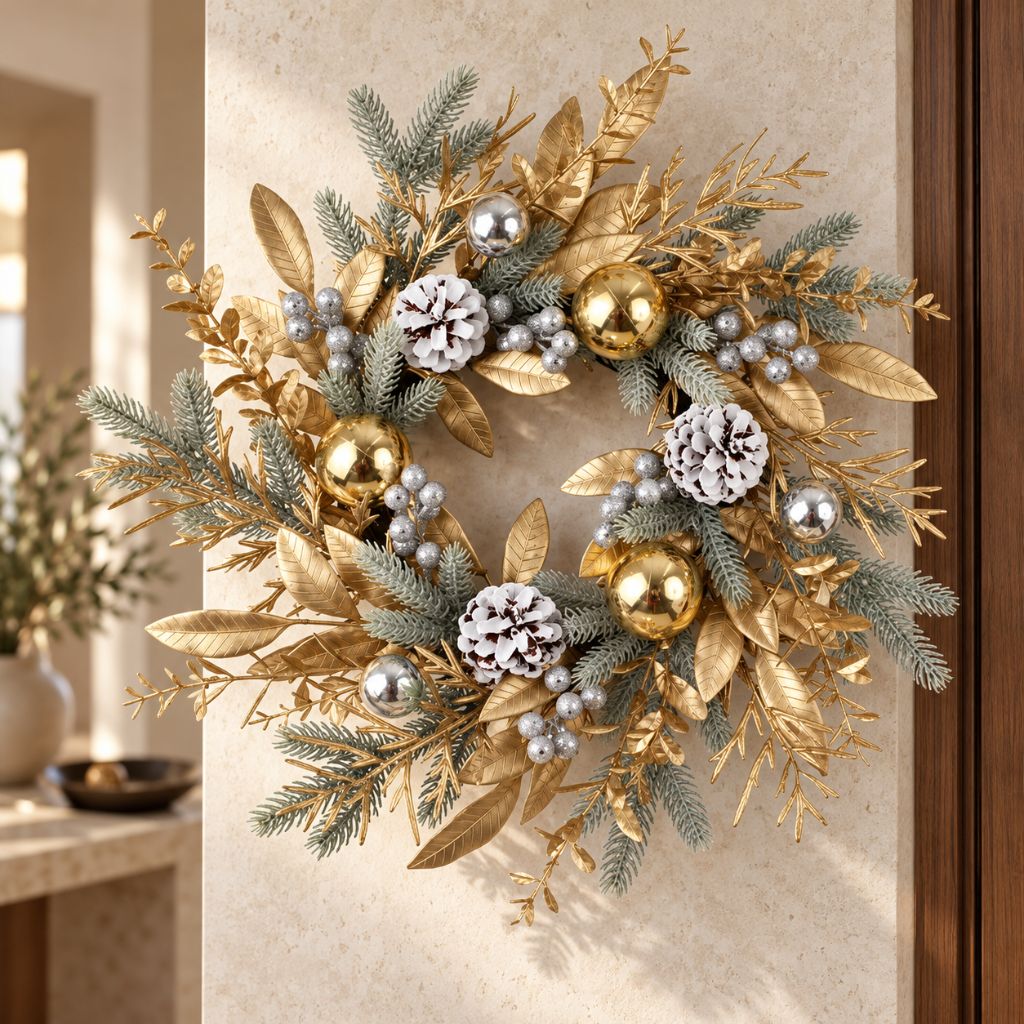 Gold and Silver Christmas Door Wreath with Pinecones