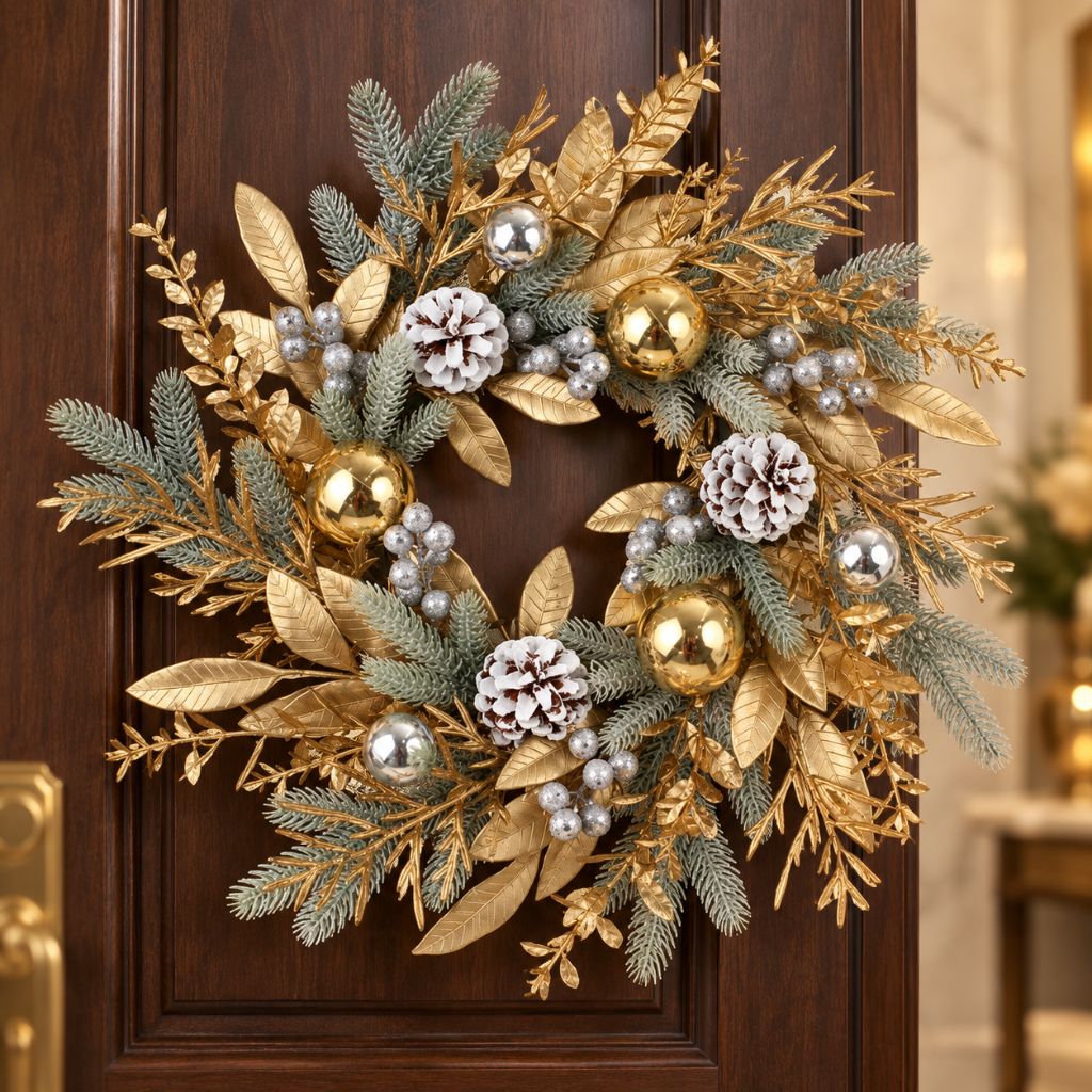 Gold and Silver Christmas Door Wreath with Pinecones