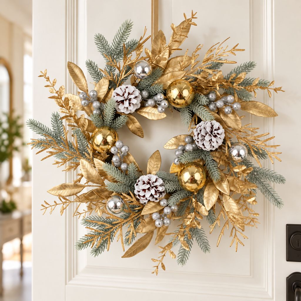 Gold and Silver Christmas Door Wreath with Pinecones