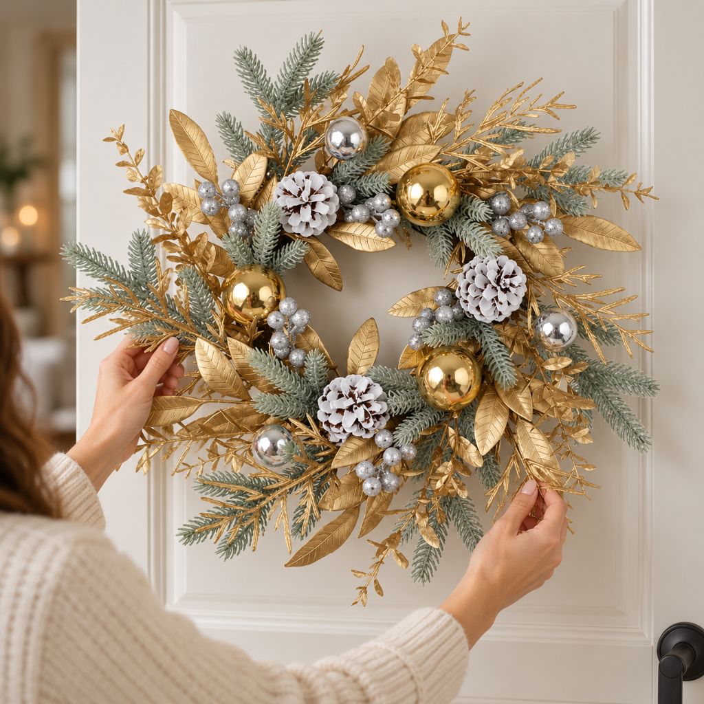 Gold and Silver Christmas Door Wreath with Pinecones