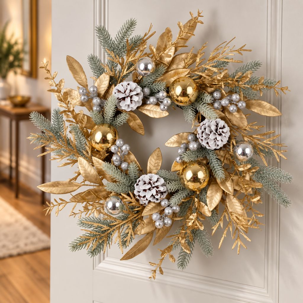 Gold and Silver Christmas Door Wreath with Pinecones