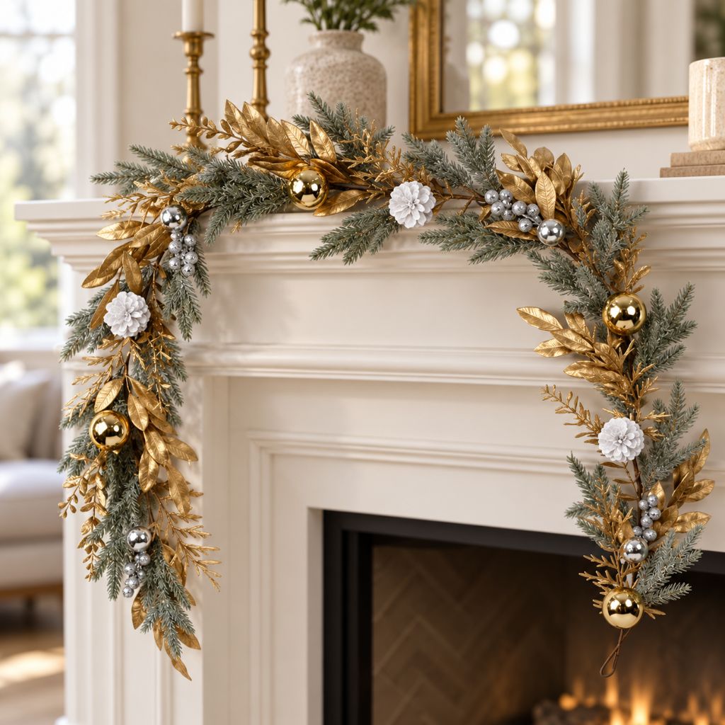 Gold and Silver Christmas Garland with Pinecones