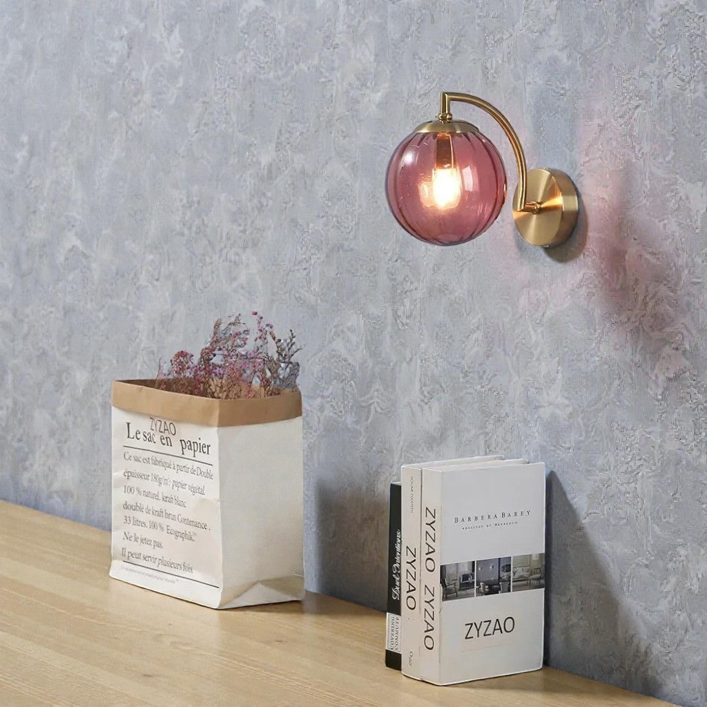 Gold Wall Sconce with Ribbed Glass Globe