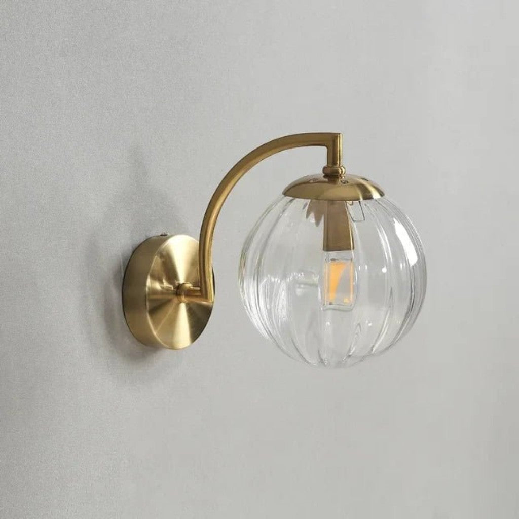 Gold Wall Sconce with Ribbed Glass Globe