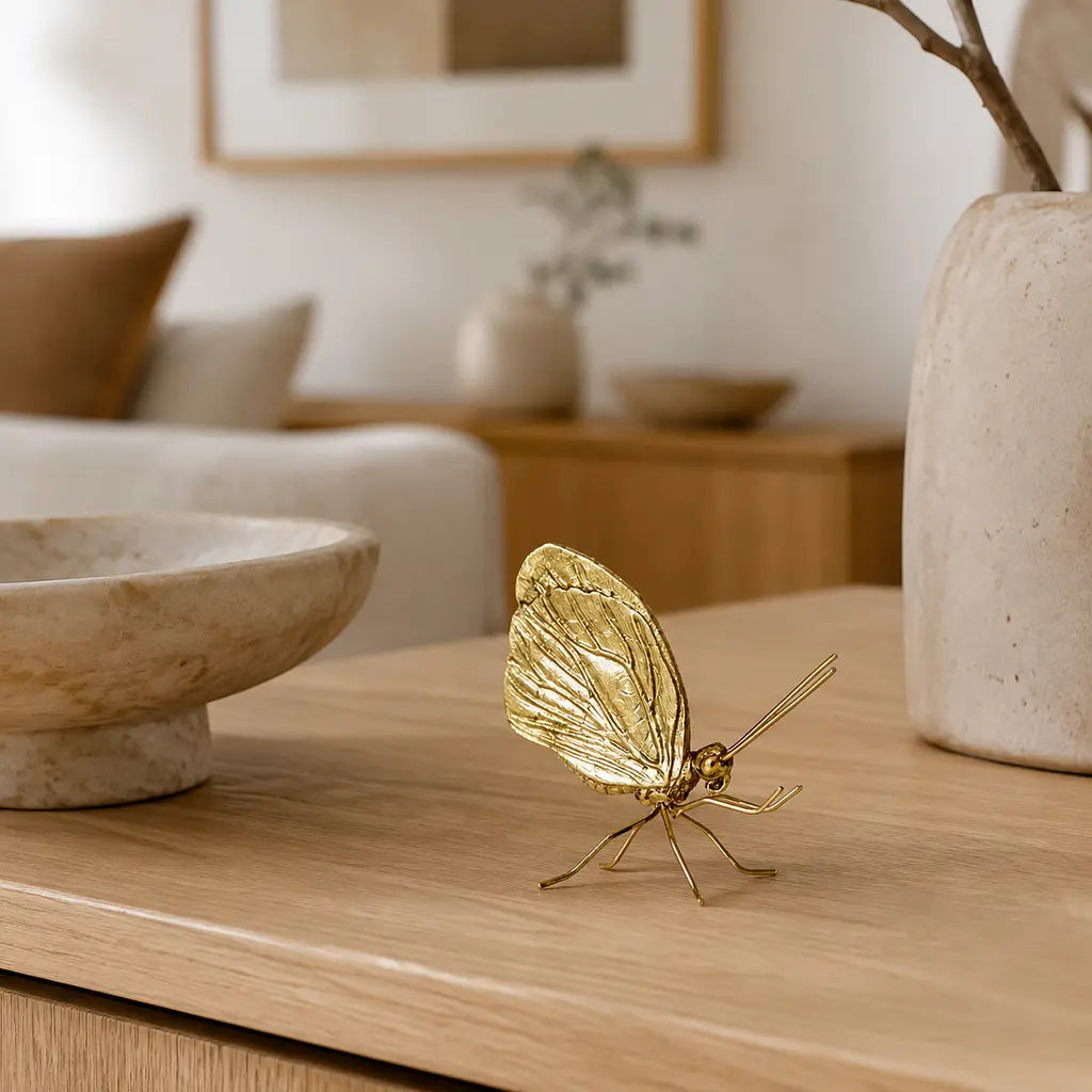 Gold-Finish Zinc Alloy Butterfly Sculpture in a warm Japandi interior