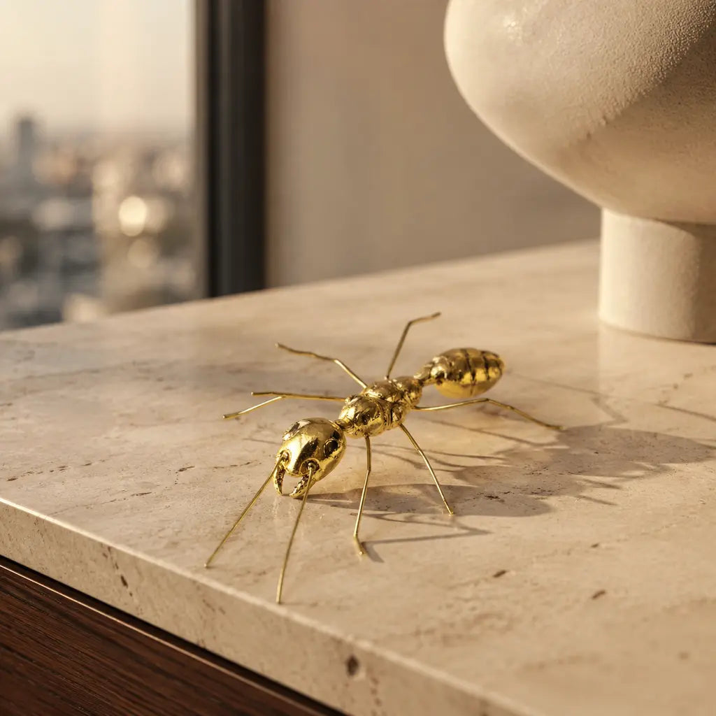 Gold-Finish Zinc Alloy Ant Sculpture in a discreet luxury interior