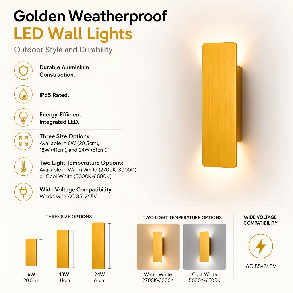 Golden Weatherproof LED Wall Lights - Outdoor Style and Durability