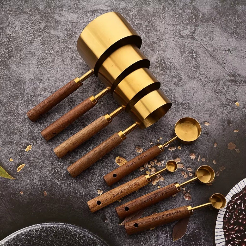 Golden & Wood Measuring Cups and Spoons Set - Lattea Global