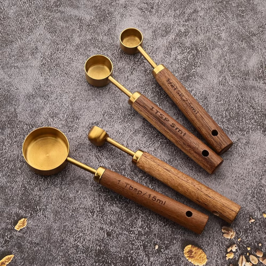 Golden & Wood Measuring Cups and Spoons Set - Lattea Global