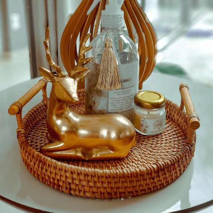 Handwoven Rattan Storage Tray with Wooden Handle - Lattea Global