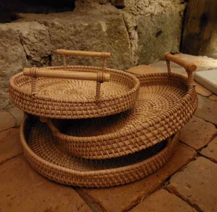 Handwoven Rattan Storage Tray with Wooden Handle - Lattea Global