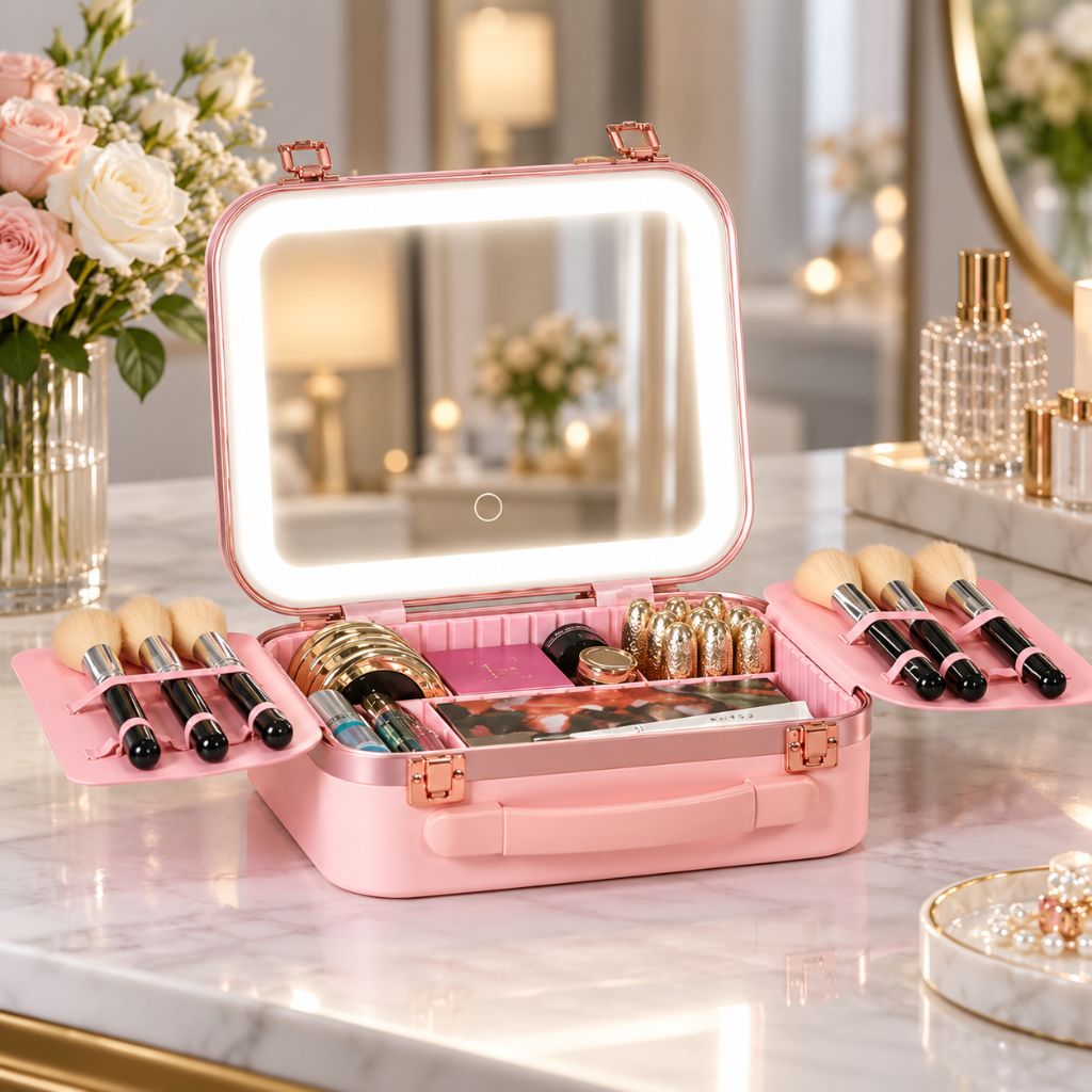 Hard Shell Travel Makeup Case with Rechargeable LED Mirror