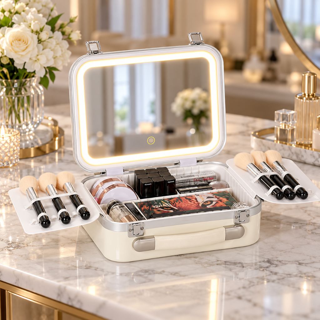 Hard Shell Travel Makeup Case with Rechargeable LED Mirror