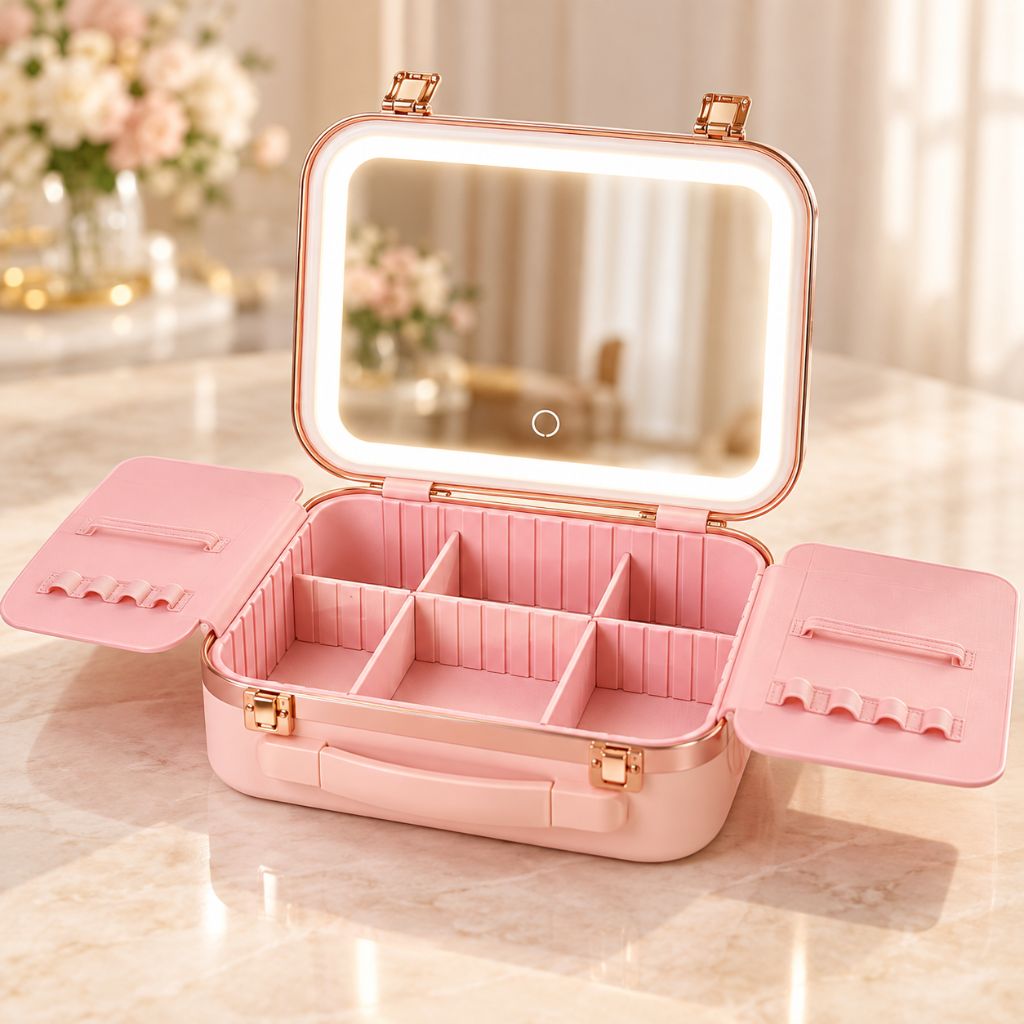 Hard Shell Travel Makeup Case with Rechargeable LED Mirror