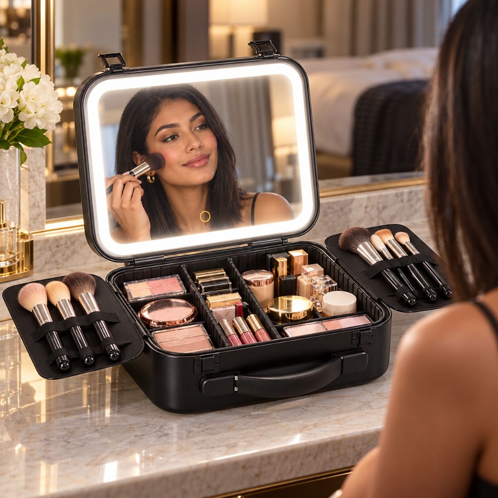 Hard Shell Travel Makeup Case with Rechargeable LED Mirror