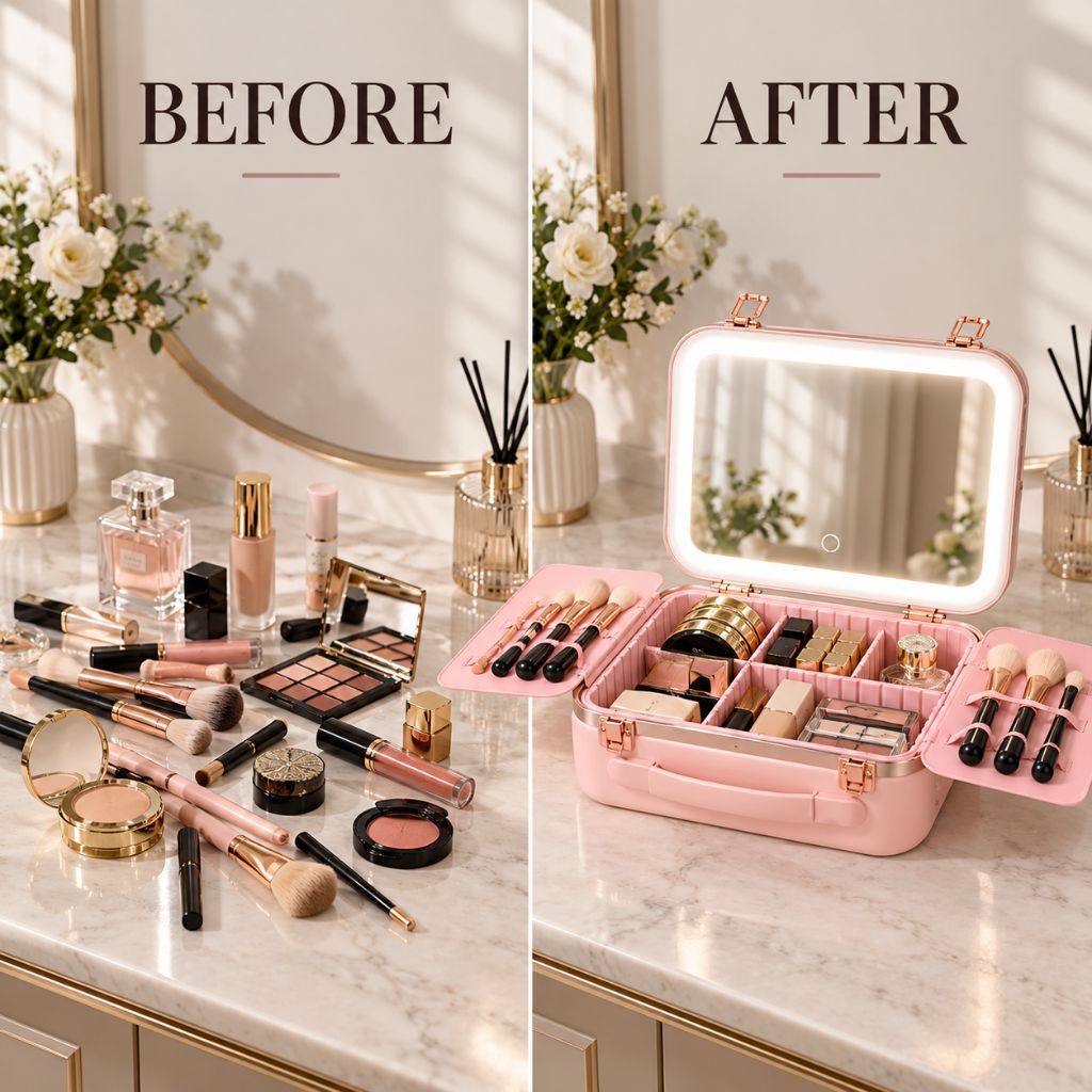 Hard Shell Travel Makeup Case with Rechargeable LED Mirror