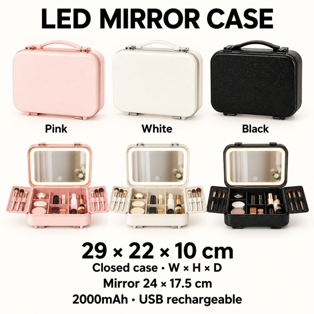 Hard Shell Travel Makeup Case with Rechargeable LED Mirror