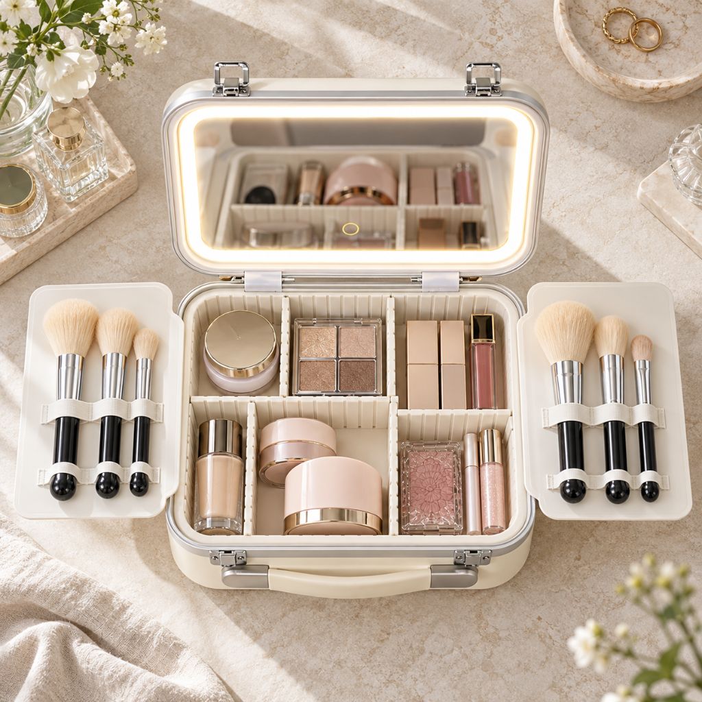Hard Shell Travel Makeup Case with Rechargeable LED Mirror